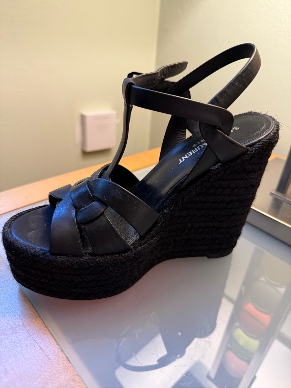 Saint Laurent Black Leather Braided Platform Slingback Sandals - Picture 3 of 7
